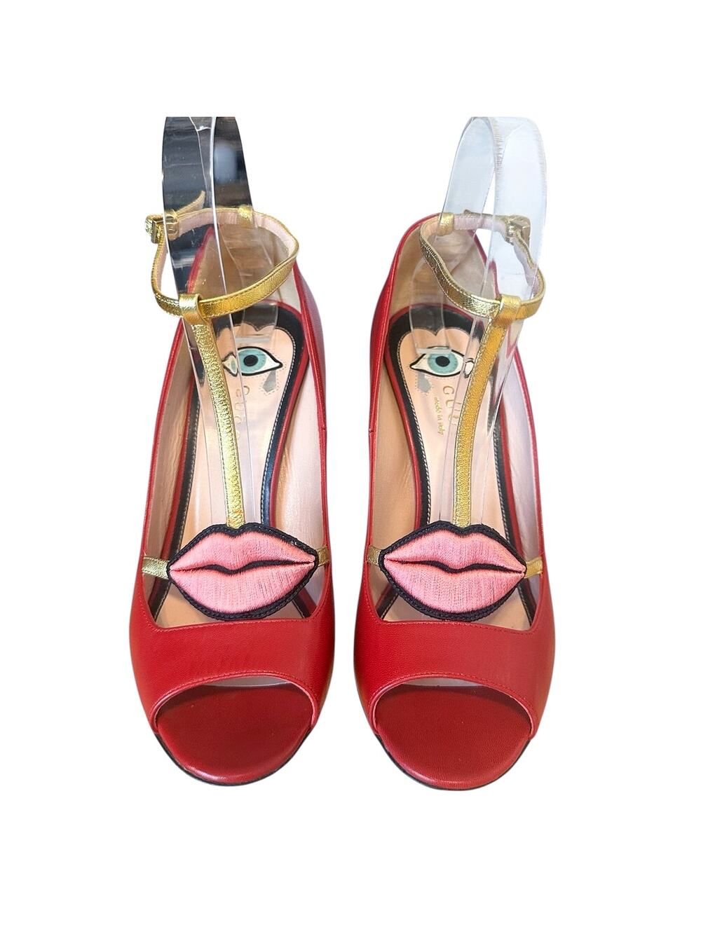 Gucci Red Leather Embroidered Lips Open Toe High Heel Pumps 36.5